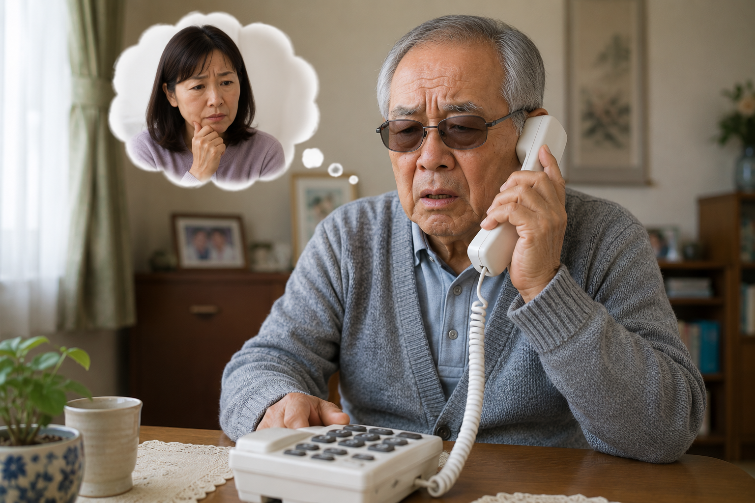 誰からの電話か分からず不安を感じる高齢男性と、離れて暮らす家族