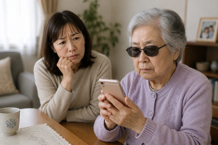 スマホに向き合う全盲の祖母と、見守り困っている家族