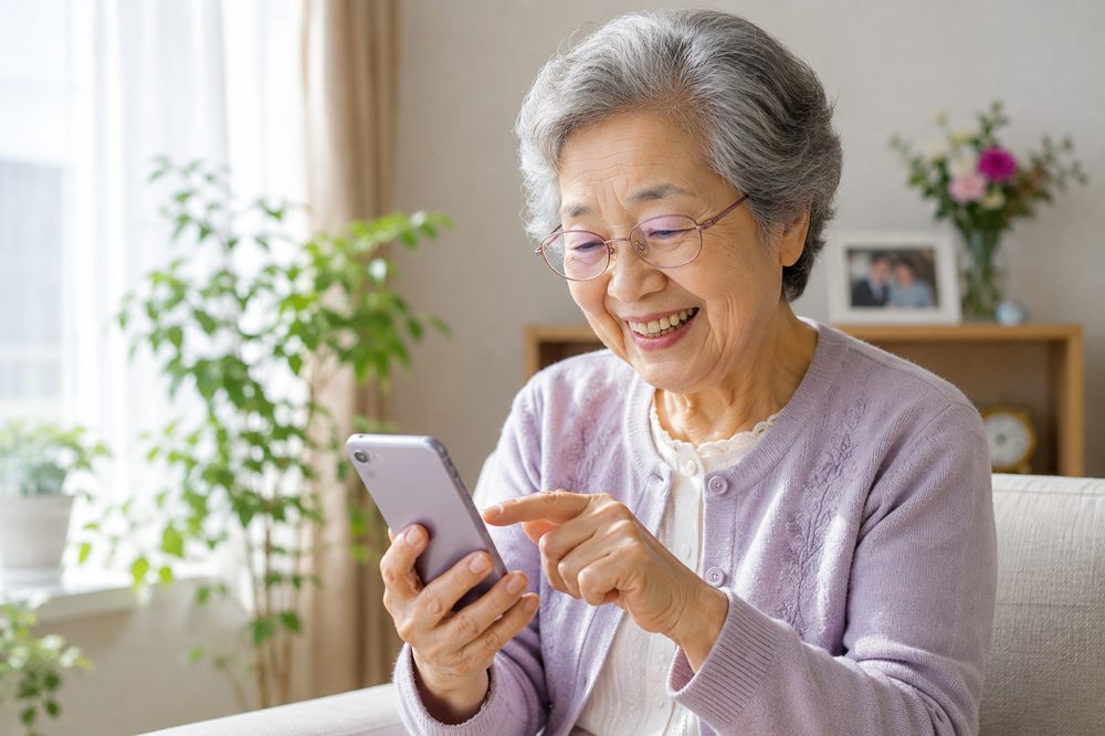 コエンゴを使う全盲のスマホ利用者 笑顔の女性
